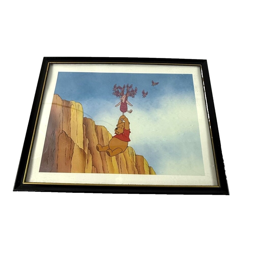 Disney Lithograph Print Winnie the Pooh Piglet Flying w/Butterflies Black Frame